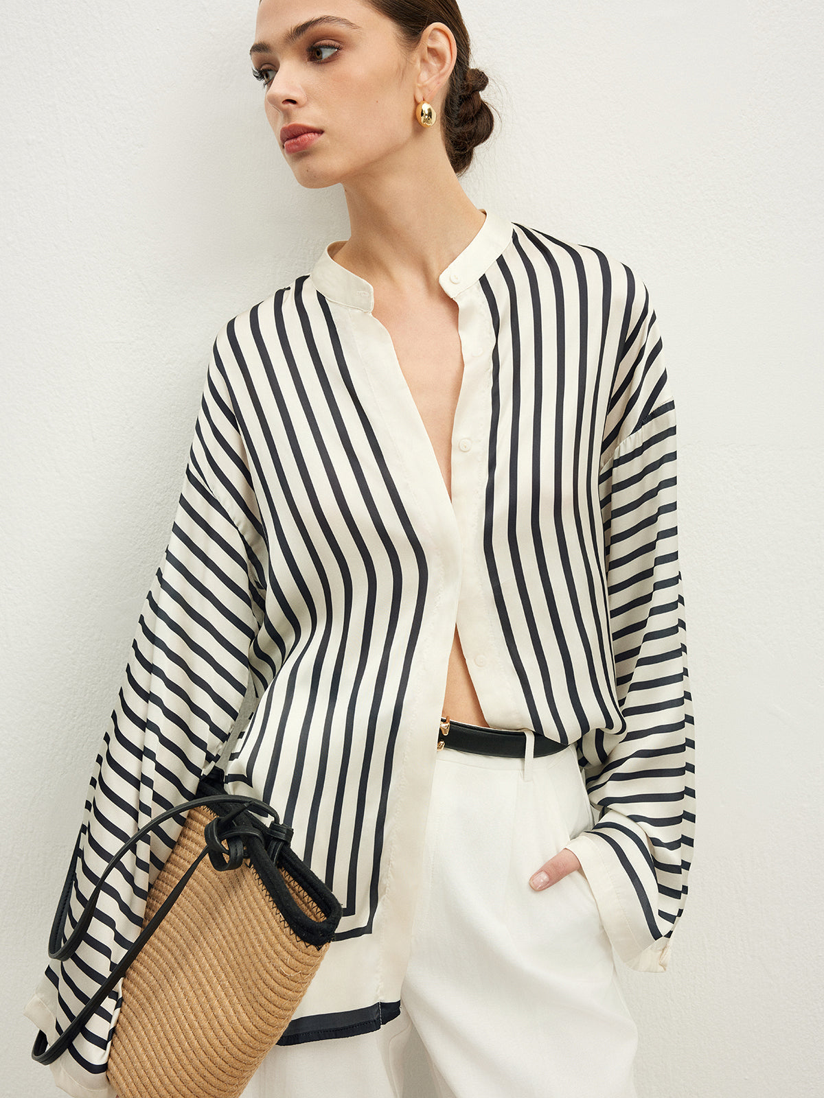 Satin Striped Button Blouse with Refined Fit