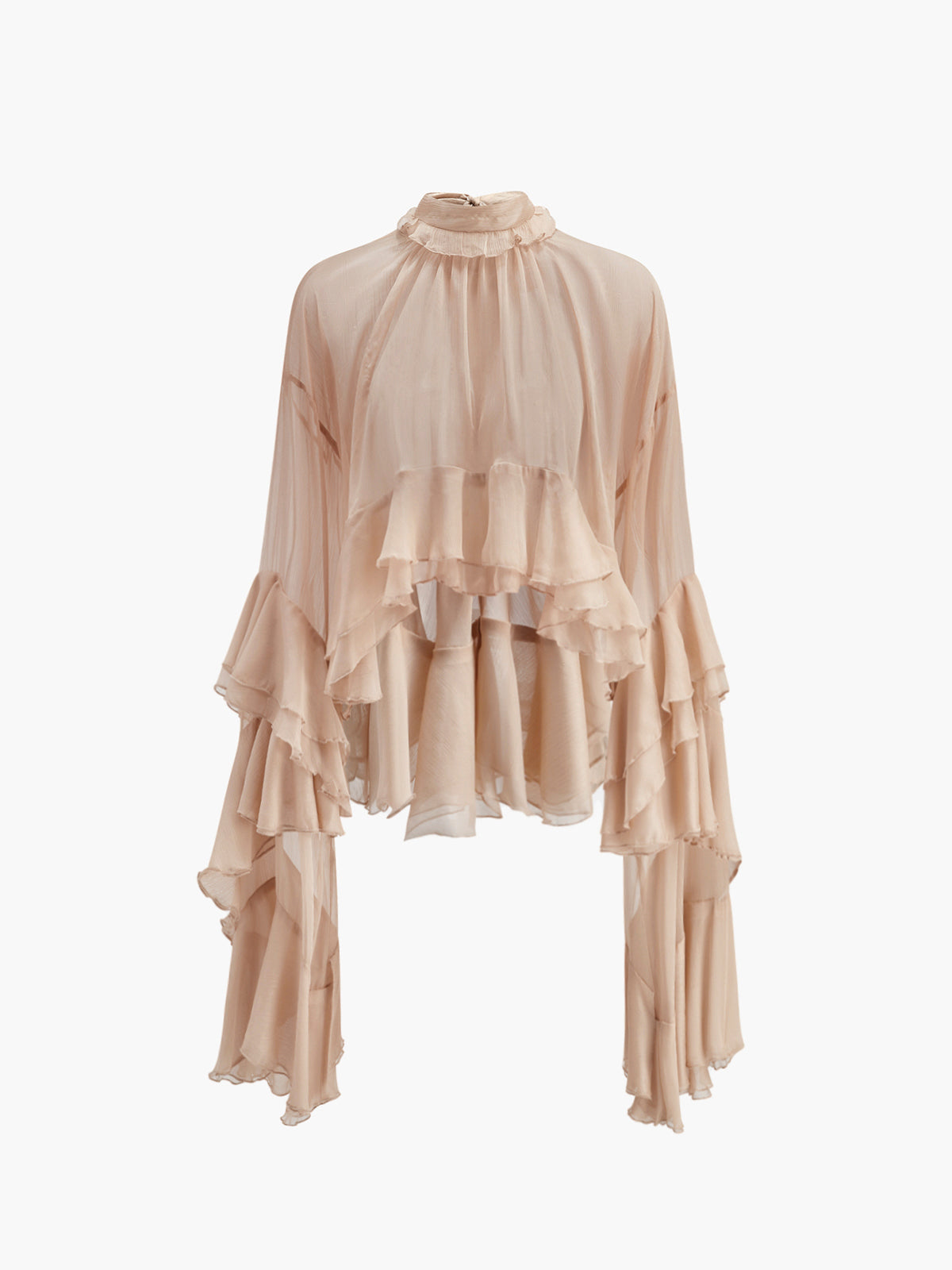Sheer Turtleneck Ruffle Chiffon Blouse Long Sleeve