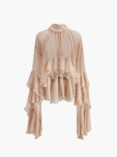 Sheer Turtleneck Ruffle Chiffon Blouse Long Sleeve