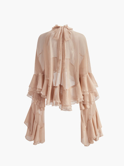 Sheer Turtleneck Ruffle Chiffon Blouse Long Sleeve