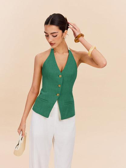 Cotton & Linen Halter Top With Decor Pocket