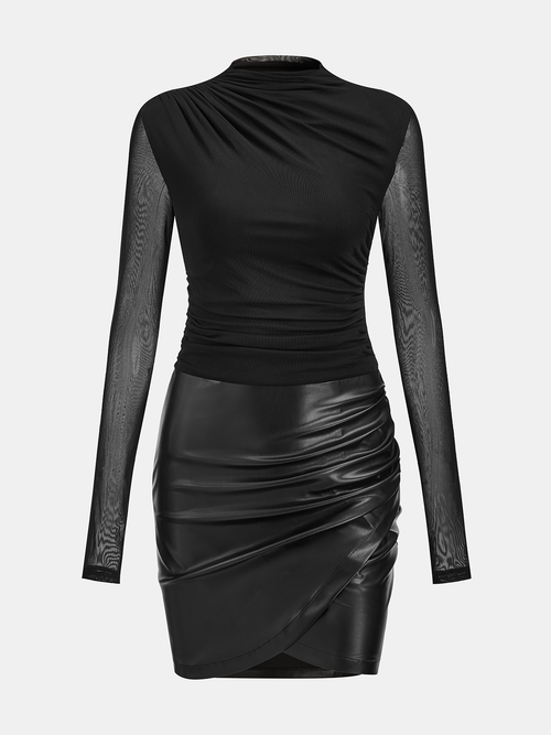 Mesh Ruched Panel Faux Leather Mini Dress