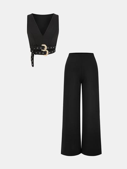 Sleeveless Crop Top & Wide-Leg Pants Set