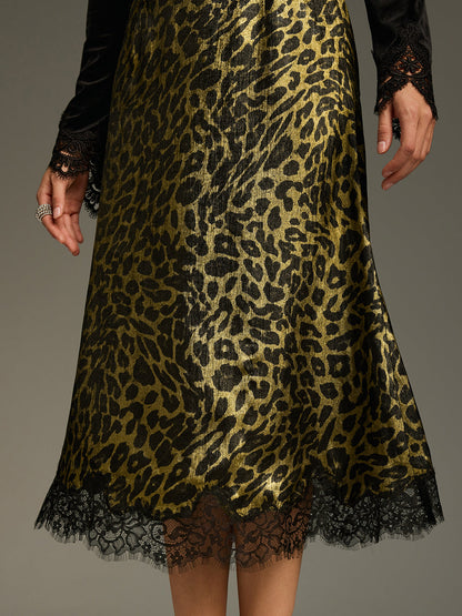 Leopard-Print Lace-Trimmed Midi Skirt