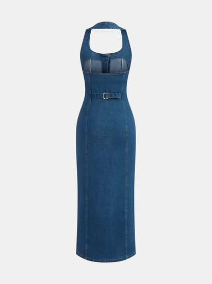 Denim Halter Button Front Maxi Dress
