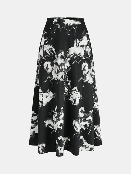 Ink Horse Print A-Line Midi Skirt