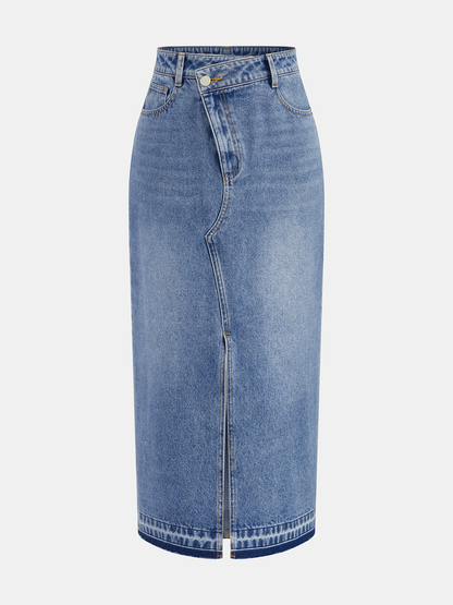 Denim Asymmetric Slit Midi Skirt