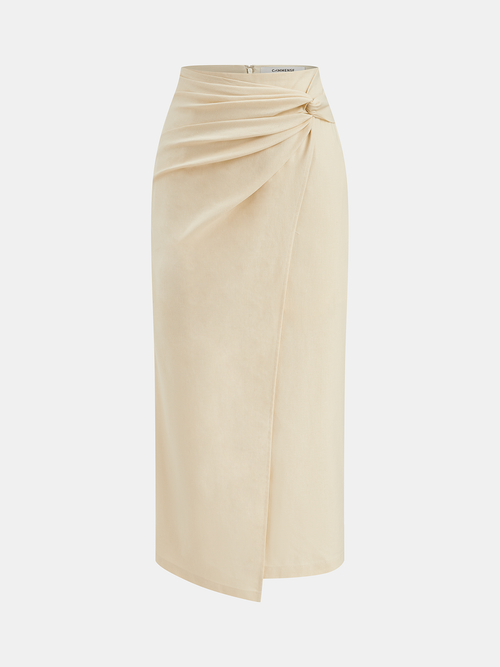 Cotton Linen Ruched Knot Midi Skirt