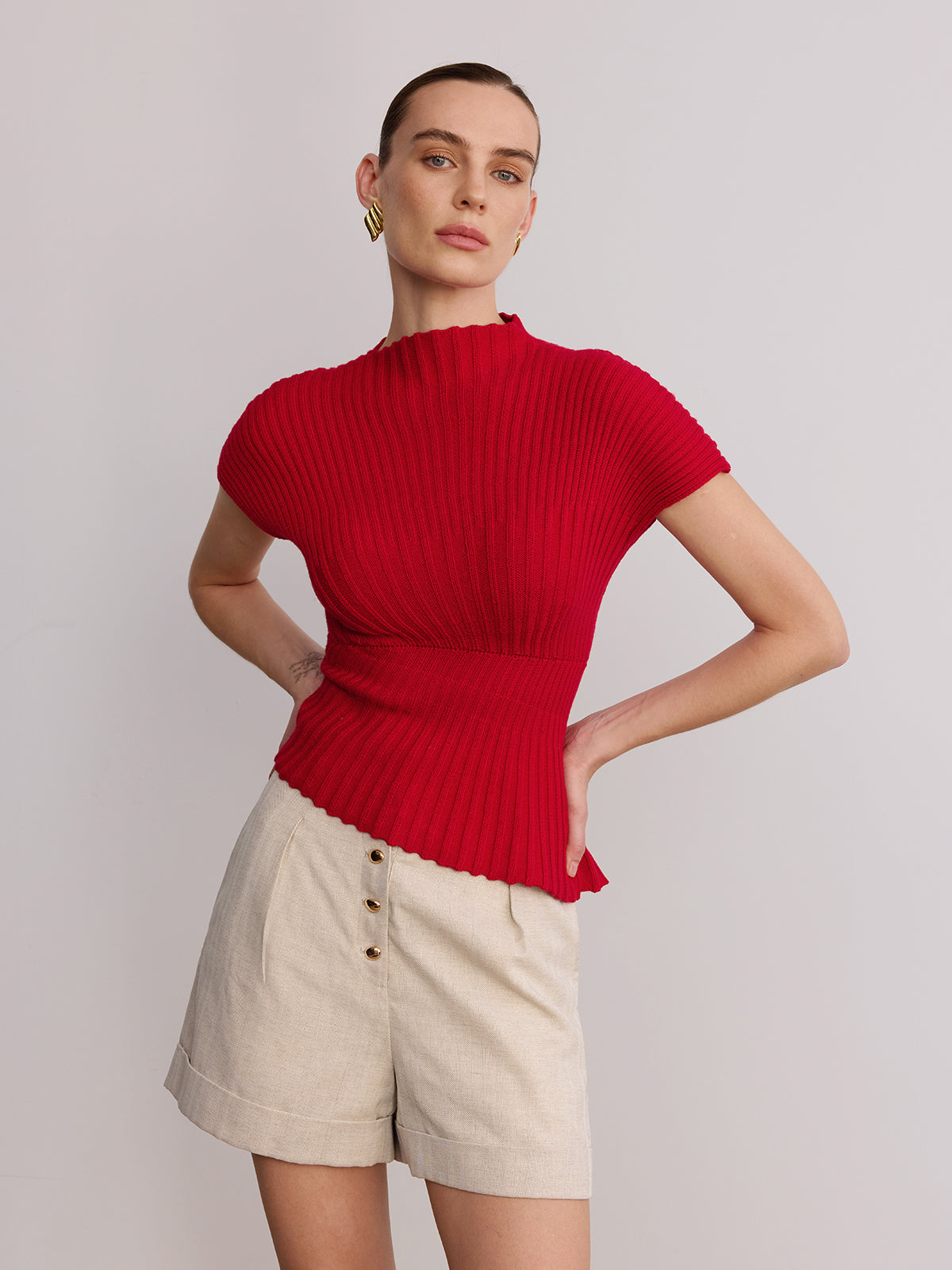 Wool Blend Ribbed Mock Neck Knit Top