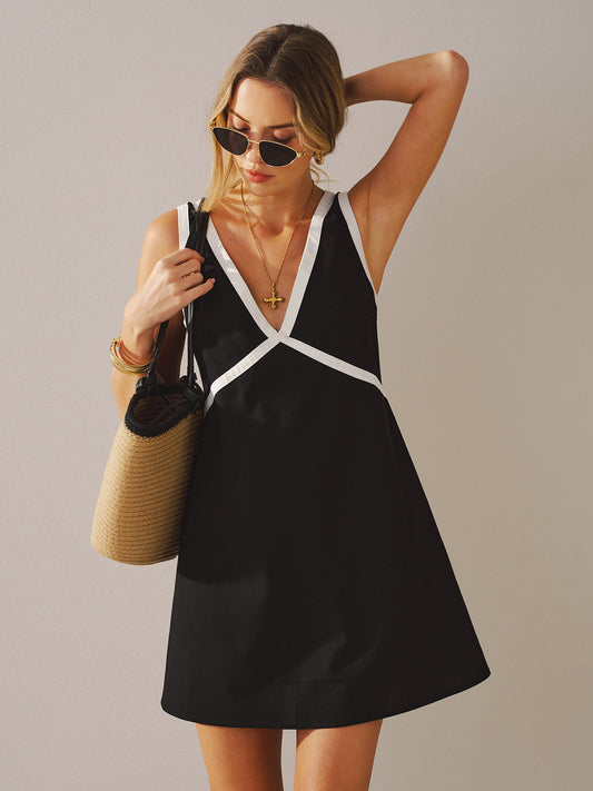 Oversize Contrast Trim Linen-Blend Mini Dress
