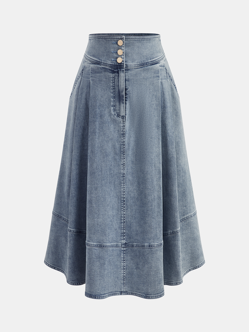 High Waisted Buttoned Flared Denim Skirt