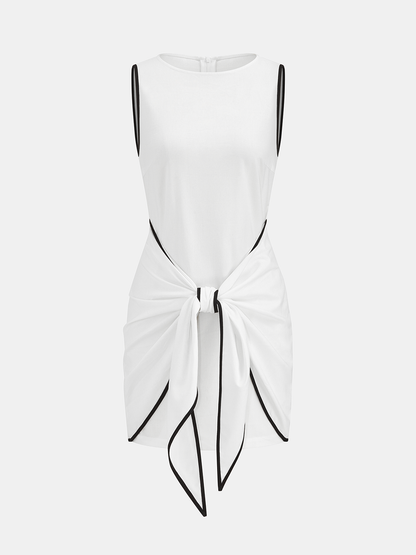 Sleeveless Cotton-Linen Knot-Waist Mini Dress