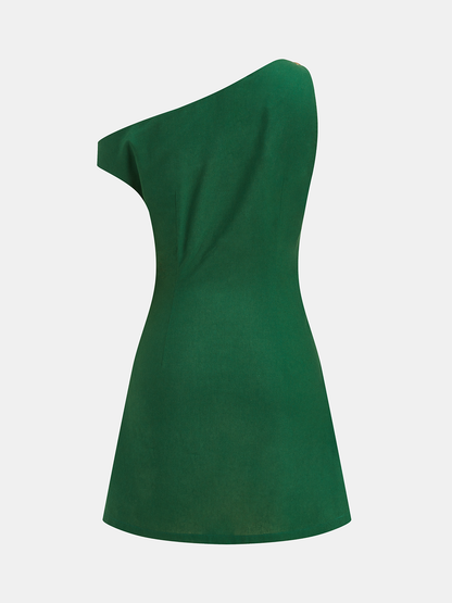 One Shoulder Ruched Linen Blend Mini Dress