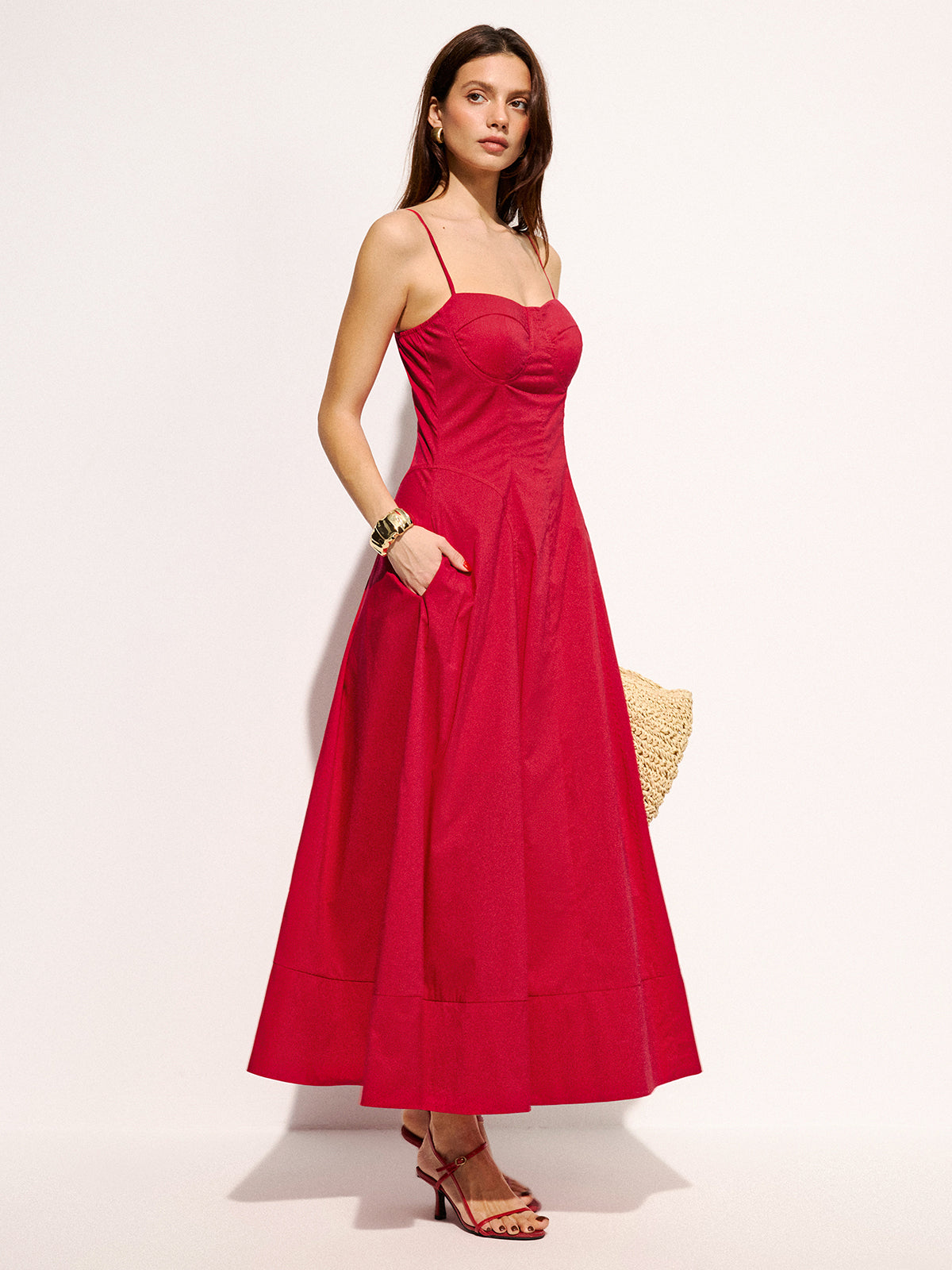 Cotton Blend Pocketed Cami Flared Maxi Dress