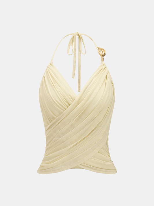 Metal Ring Ruched Wrap Halter Tank Top
