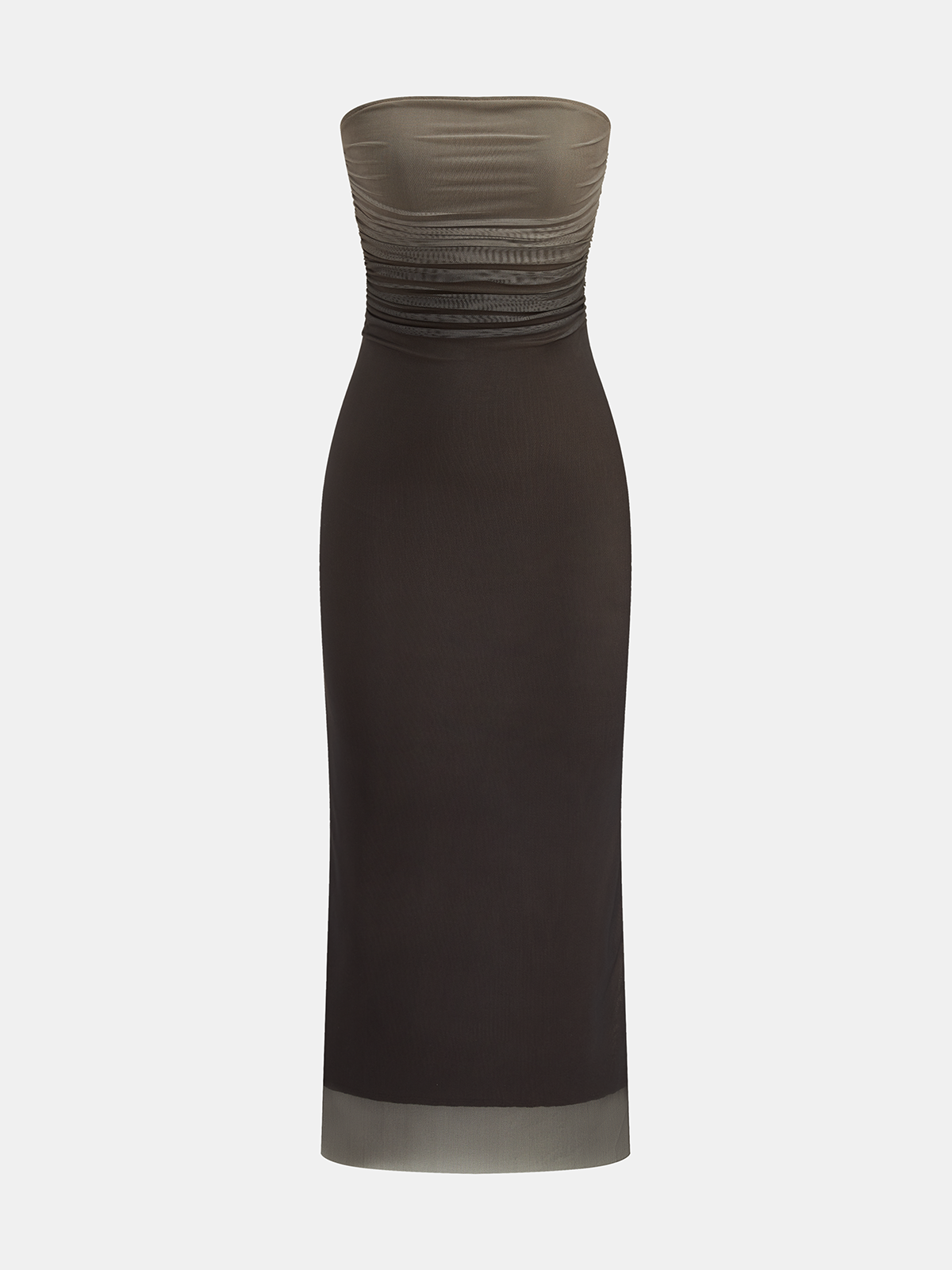 Ombre Mesh Ruched Strapless Midi Dress