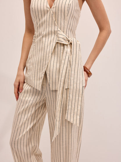 Striped Cotton Linen Halter Vest & Pants Set
