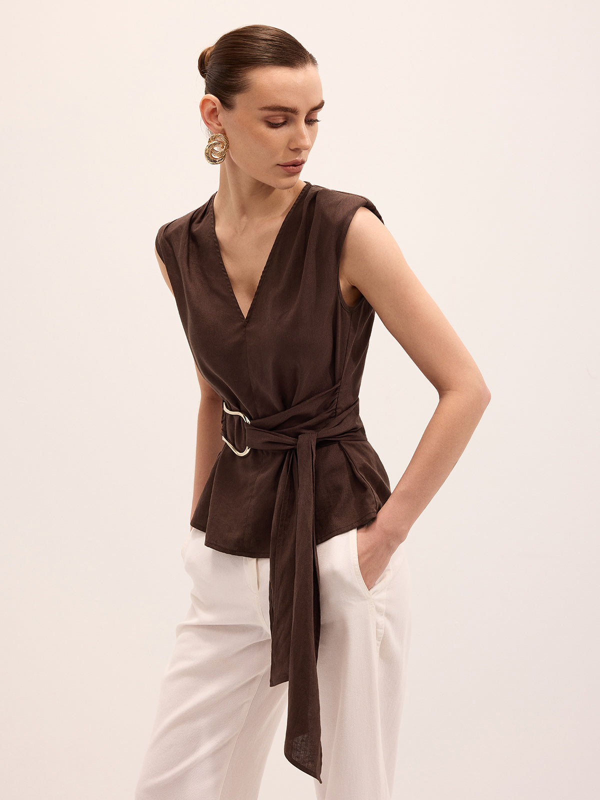 Tie-Waist V-Neck Linen Blend Sleeveless Blouse