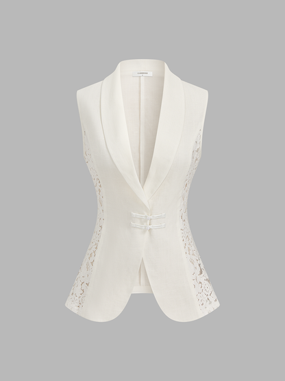 Lace Panel Frog Button Linen Blend Blazer Vest