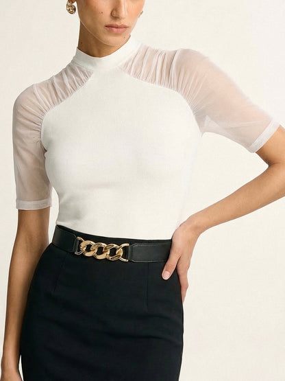 Mock Neck Mesh Sleeve Knit Top