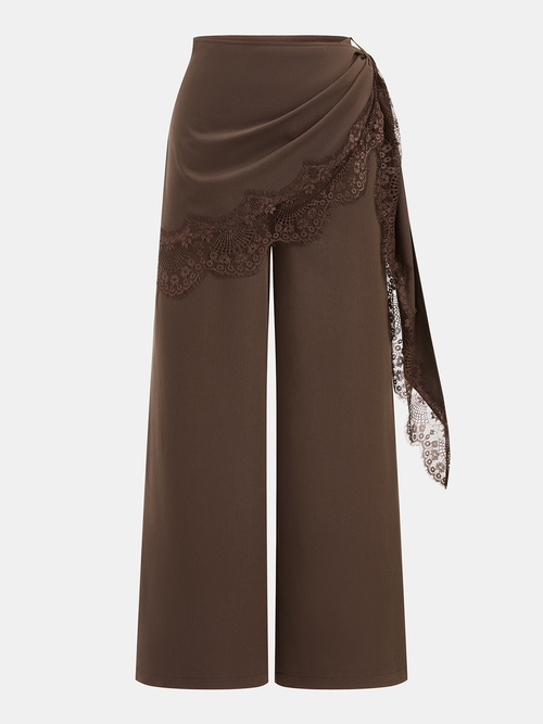 Draped Lace Trim Wide Leg Pants