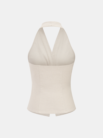 Linen Blend Halter Ruched Top & Pants Set