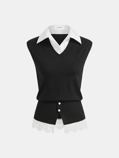 2 in 1 Collared Lace Hem Knit Vest