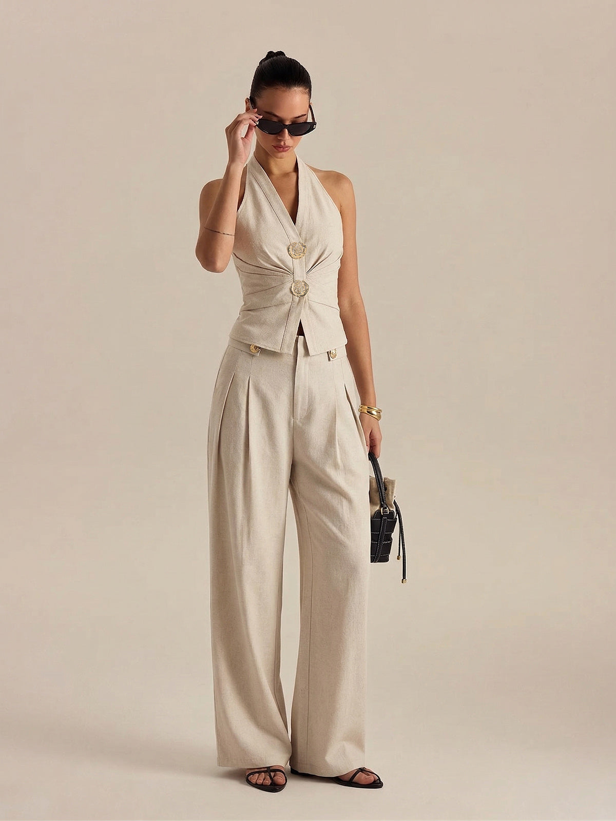 Linen Blend Halter Ruched Top & Pants Set