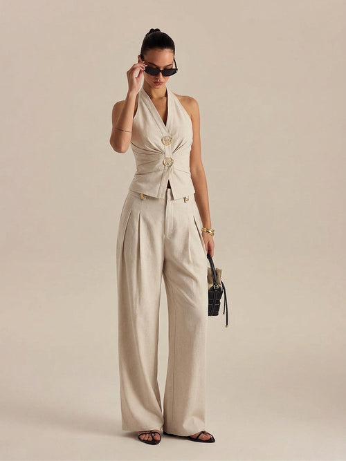 Linen Blend Halter Ruched Top & Pants Set