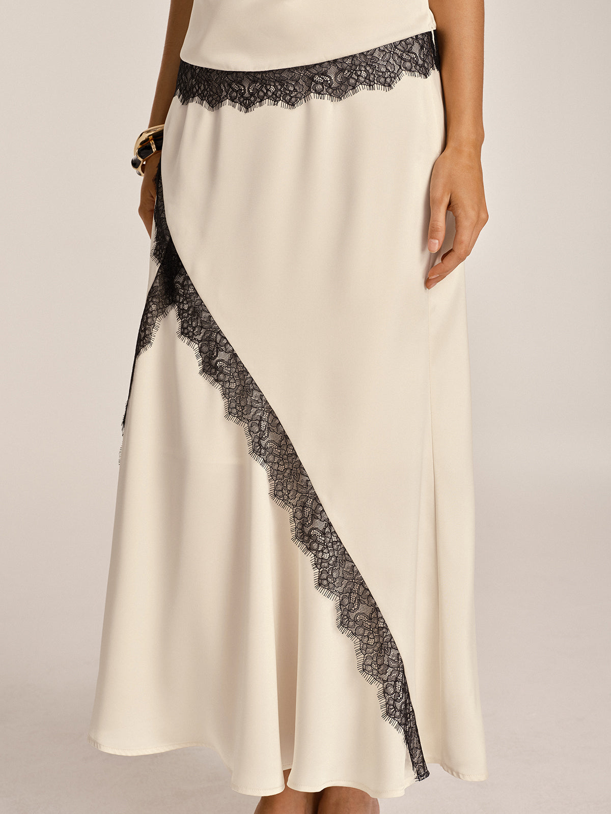Lace Trim Satin Cowl Neck Top & Mermaid Skirt Set