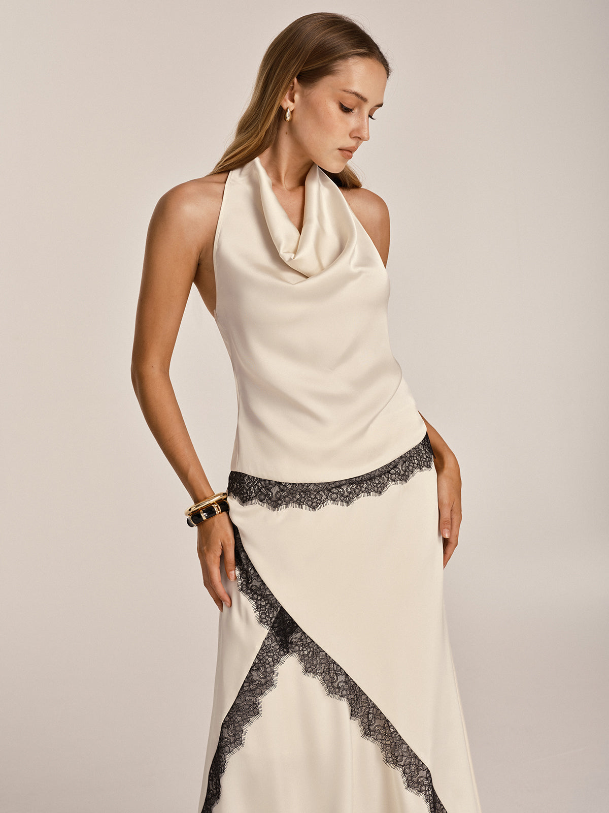 Lace Trim Satin Cowl Neck Top & Mermaid Skirt Set
