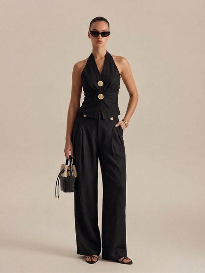 Linen Blend Halter Ruched Top & Pants Set