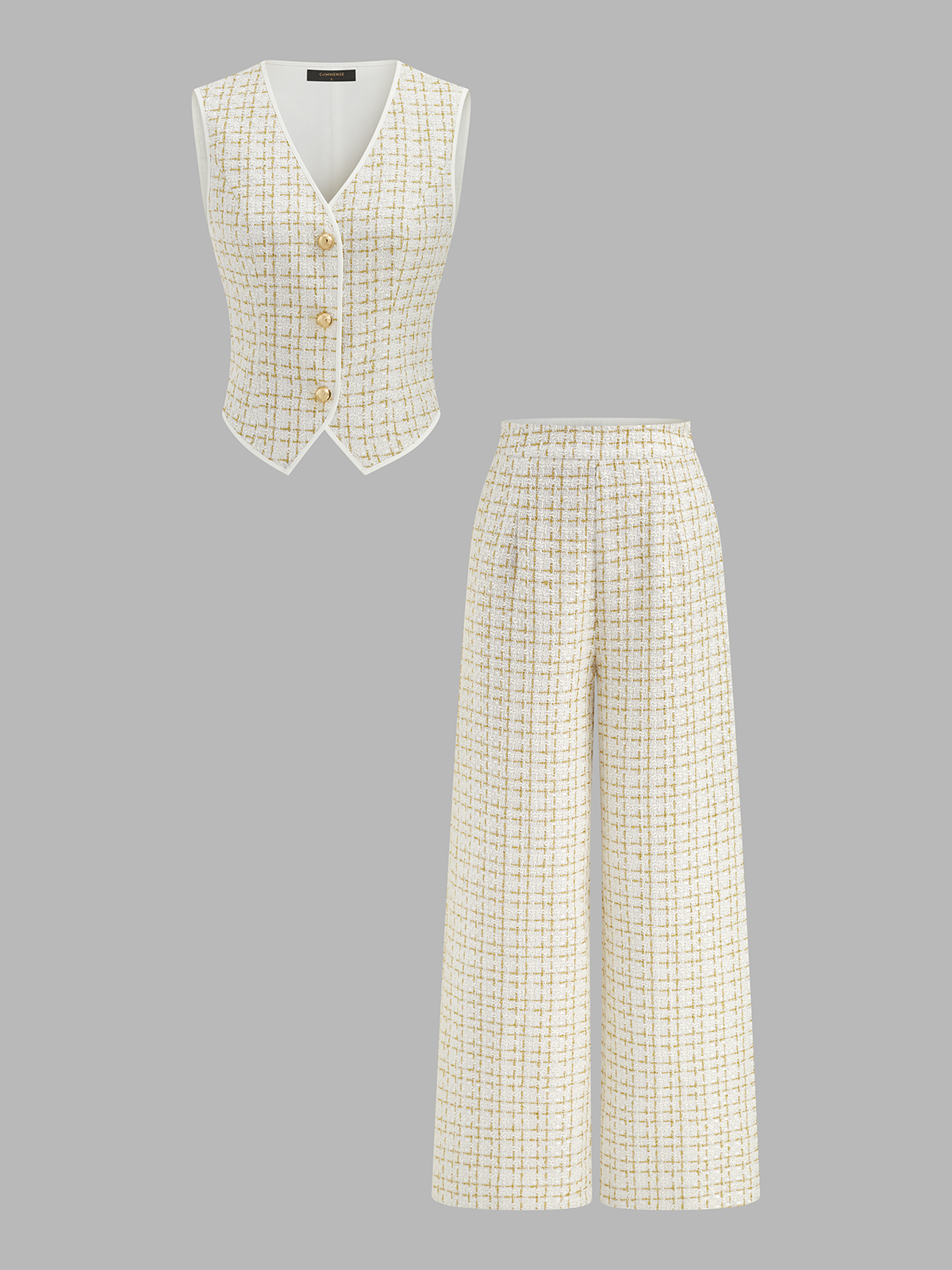 Checked Tweed Vest & Wide-Leg Pants Set