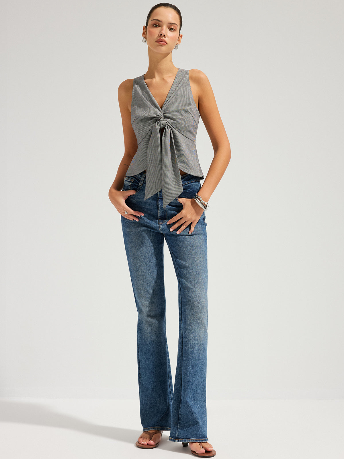Houndstooth Sleeveless Knot-Front Top