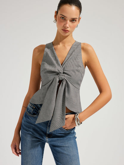 Houndstooth Sleeveless Knot-Front Top