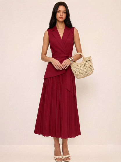 Sleeveless Belted Pleated Blazer Dress