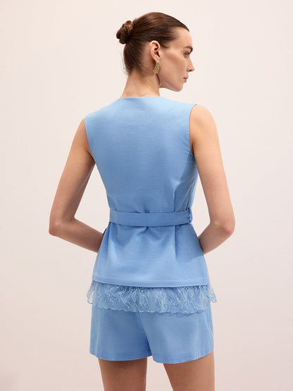 Cotton Linen Lace Belted Vest & Shorts Set