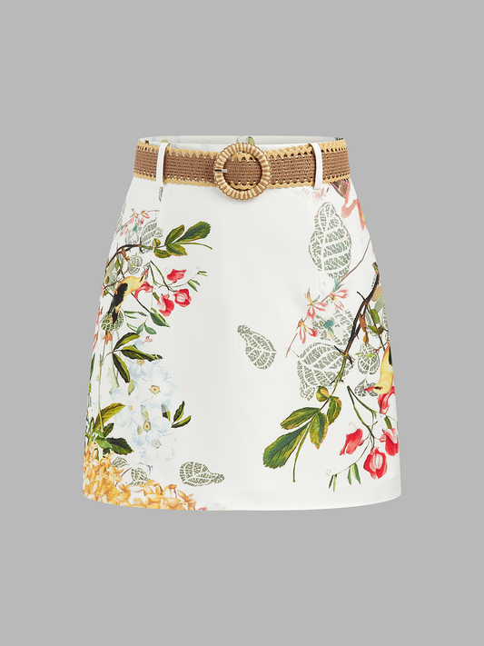 Floral Bird Print Belted Mini Skirt