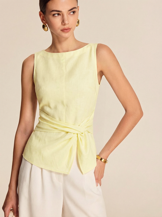 Twisted Waist Linen Blend Sleeveless Blouse