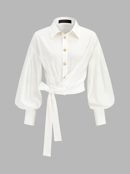 Cotton Balloon Sleeve Tie-Waist Blouse