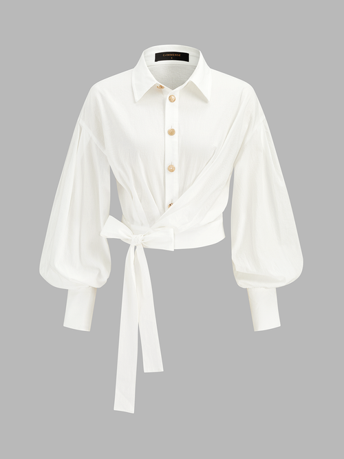 Cotton Balloon Sleeve Tie-Waist Blouse
