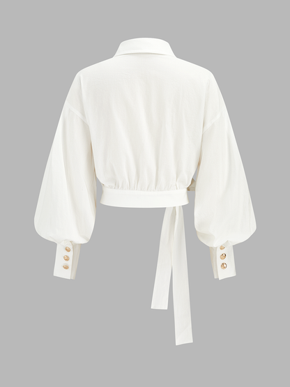 Cotton Balloon Sleeve Tie-Waist Blouse