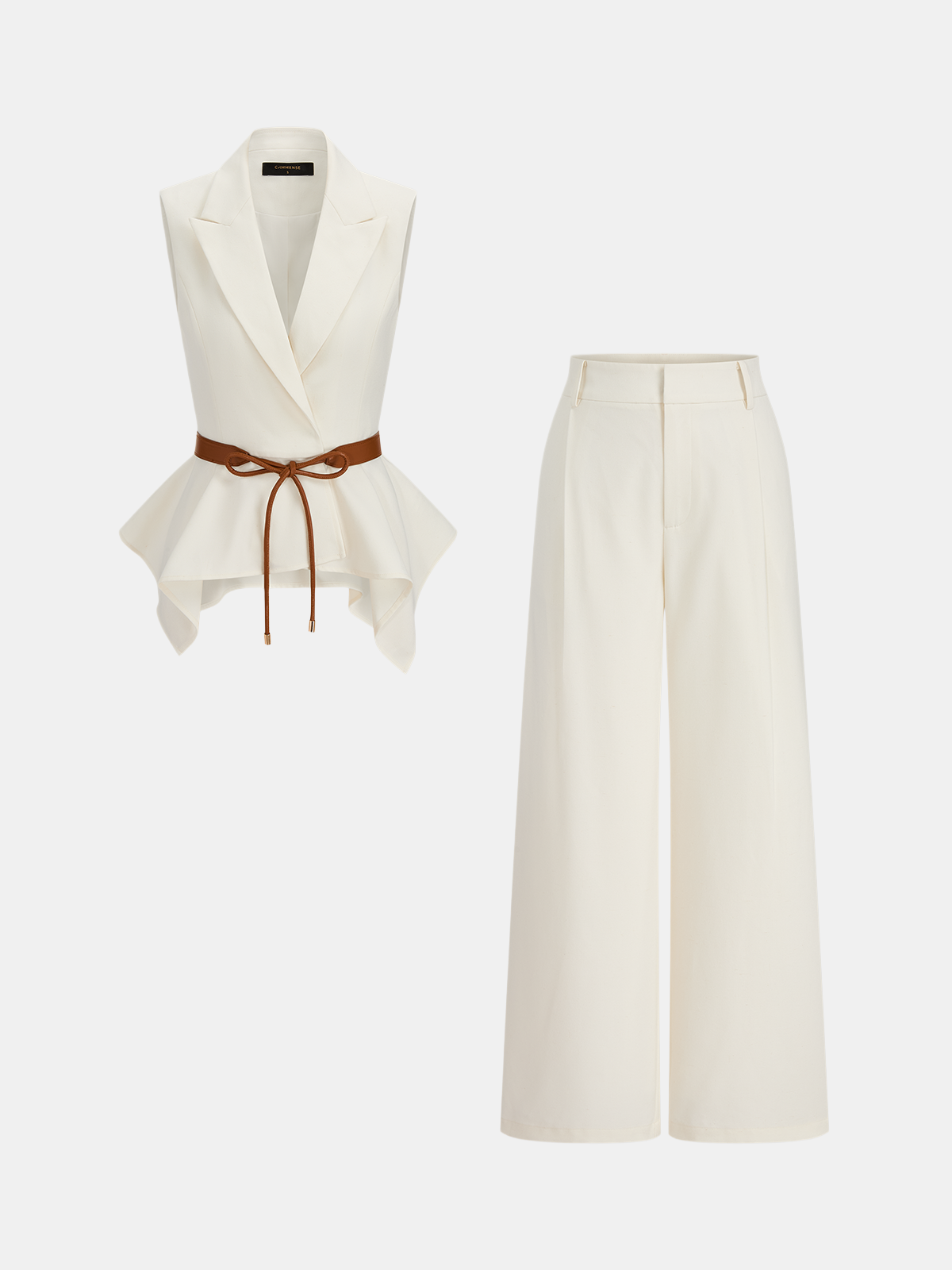 Belted Peplum Blazer Vest & Wide Leg Pants Set