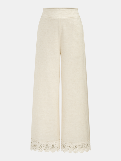 Cotton Linen Lace Trim Two-Piece Pants Set