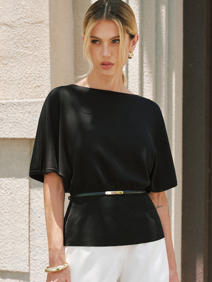 Tencel Batwing Sleeve Belted Knit Top