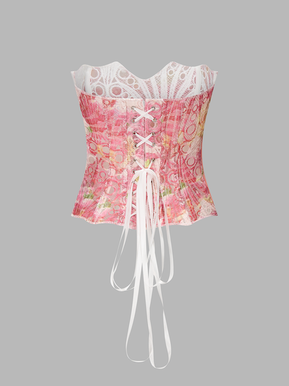 Floral Lace Back Tie Corset Top