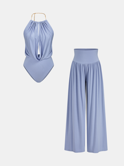 Chain Halter Bodysuit & High-Waisted Palazzo Pants Set