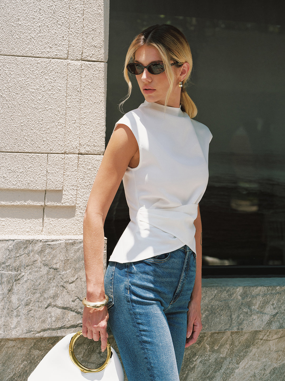 Mock Neck Sleeveless Asymmetrical Hem Blouse
