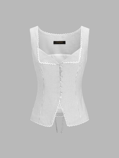 Striped Lace Trim Button-Front Tank Top