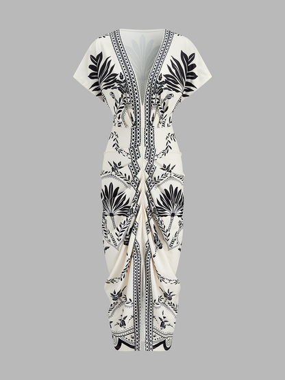 Palm Leaf Print Deep V Neck Maxi Dress